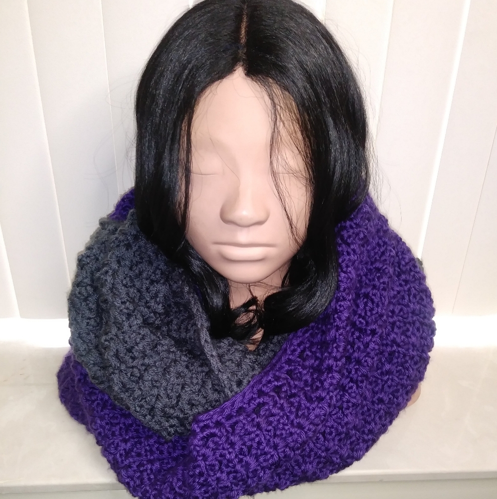 Chunky Crochet Infinity Scarf in Purple and Gray
